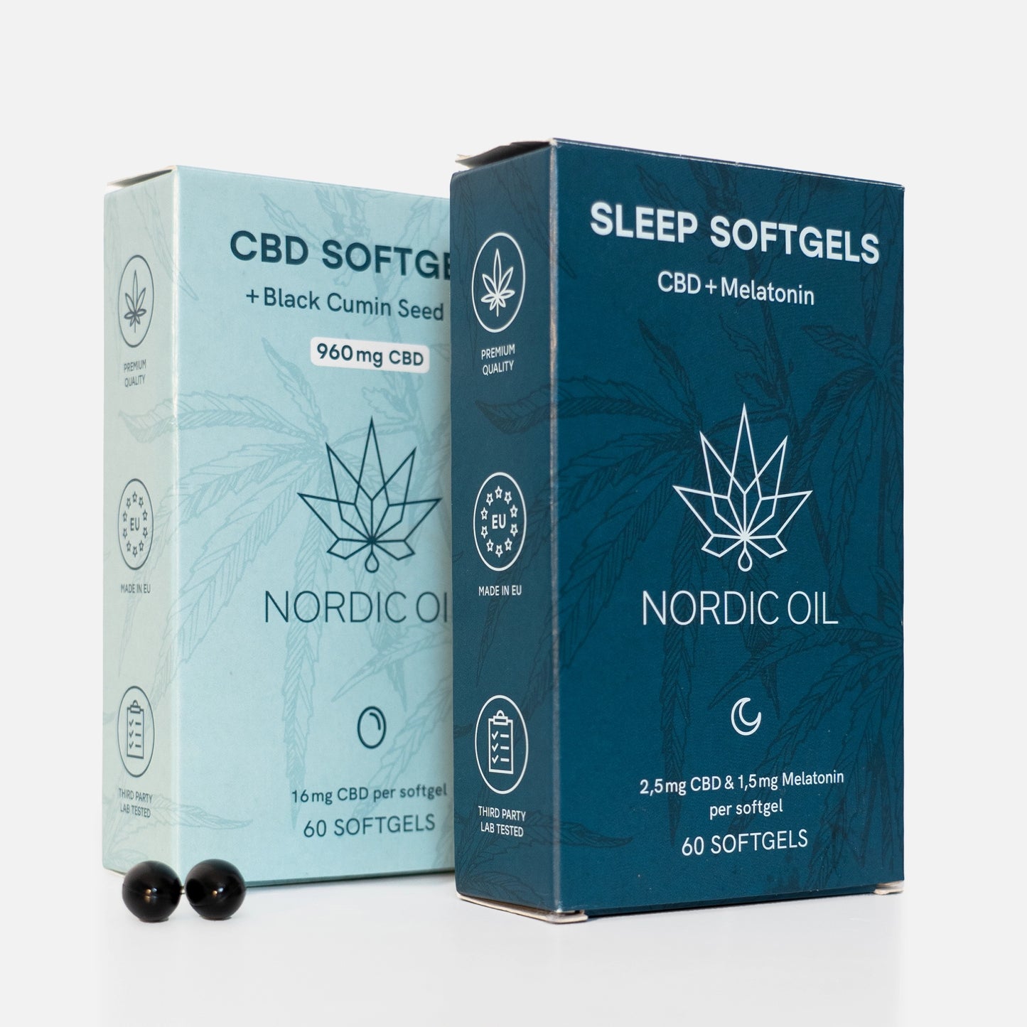 To Nordic Oil CBD softgelbokse (lys blå og mørk blå) med hampblad-logo og to sorte kapsler foran