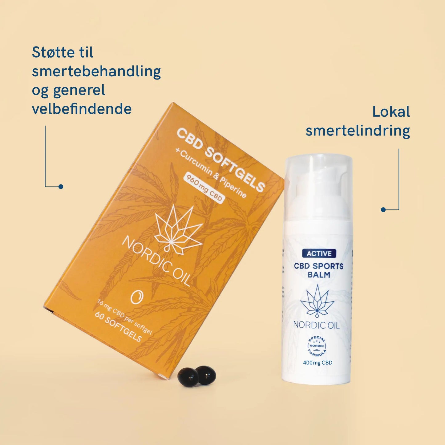CBD-softgels og CBD-sportsbalm fra Nordic Oil på beige baggrund