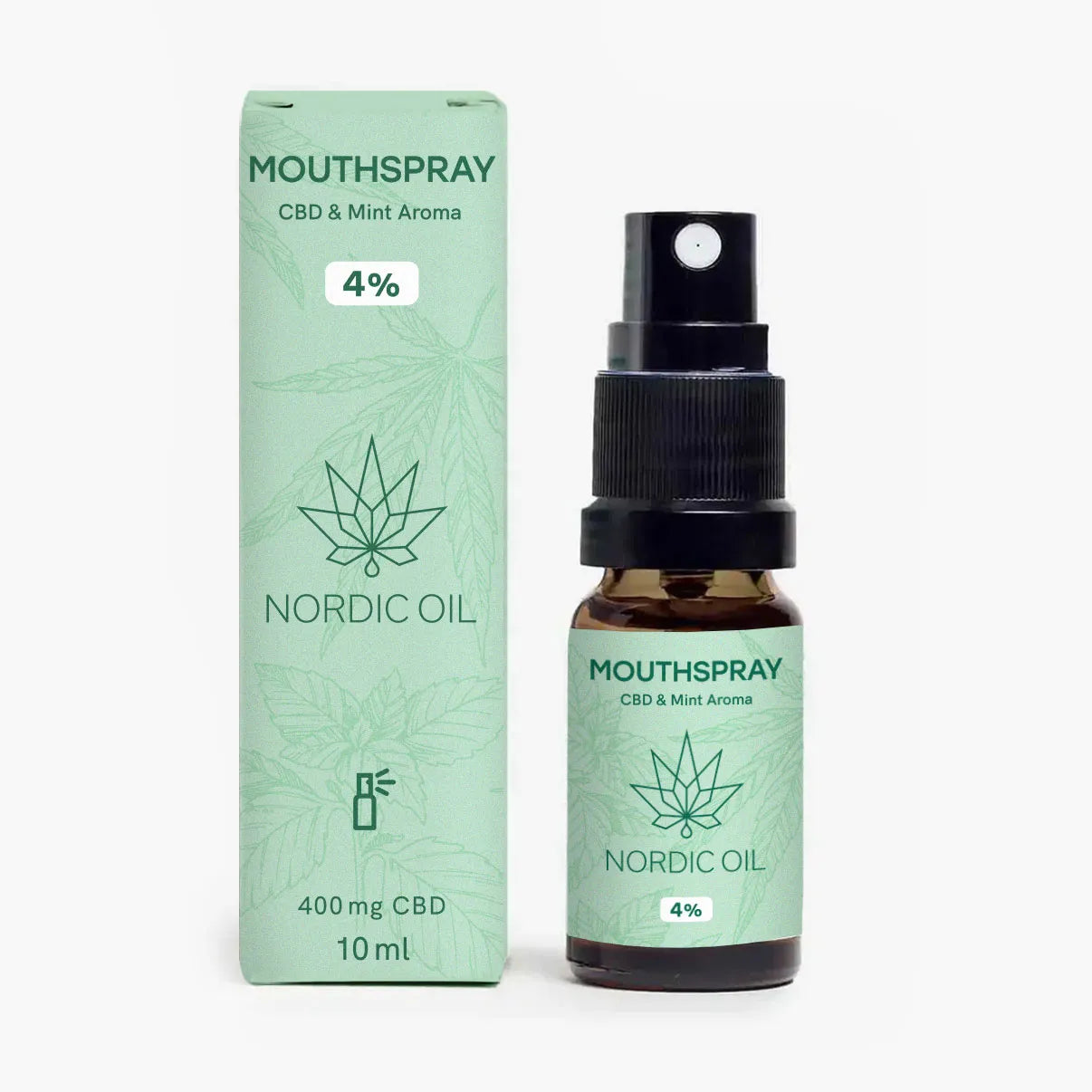 Nordic Oil mundspray med CBD og mint aroma i mintgrøn emballage og sprayflaske