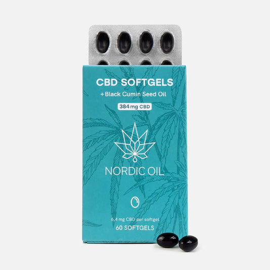 Nordic Oil CBD-softgels med sortkommen frøolie i blå emballage.