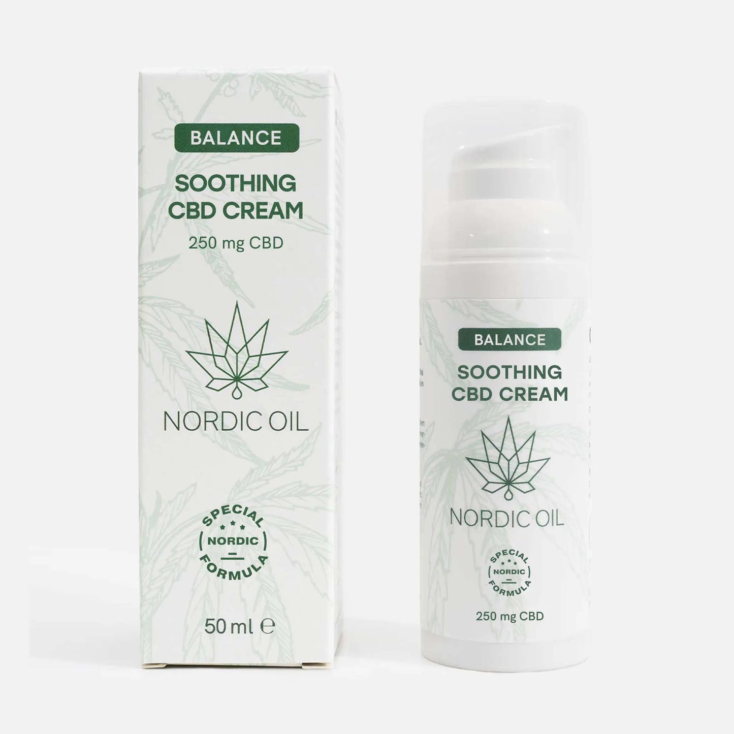 Balance Soothing CBD Cream 250 mg CBD – Nordic Oil, æske og pumpeflaske.