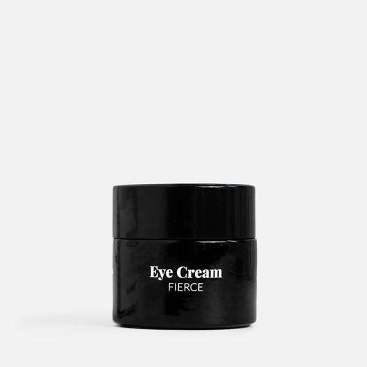 Sort øjencreme i krukke med teksten Eye Cream FIERCE.