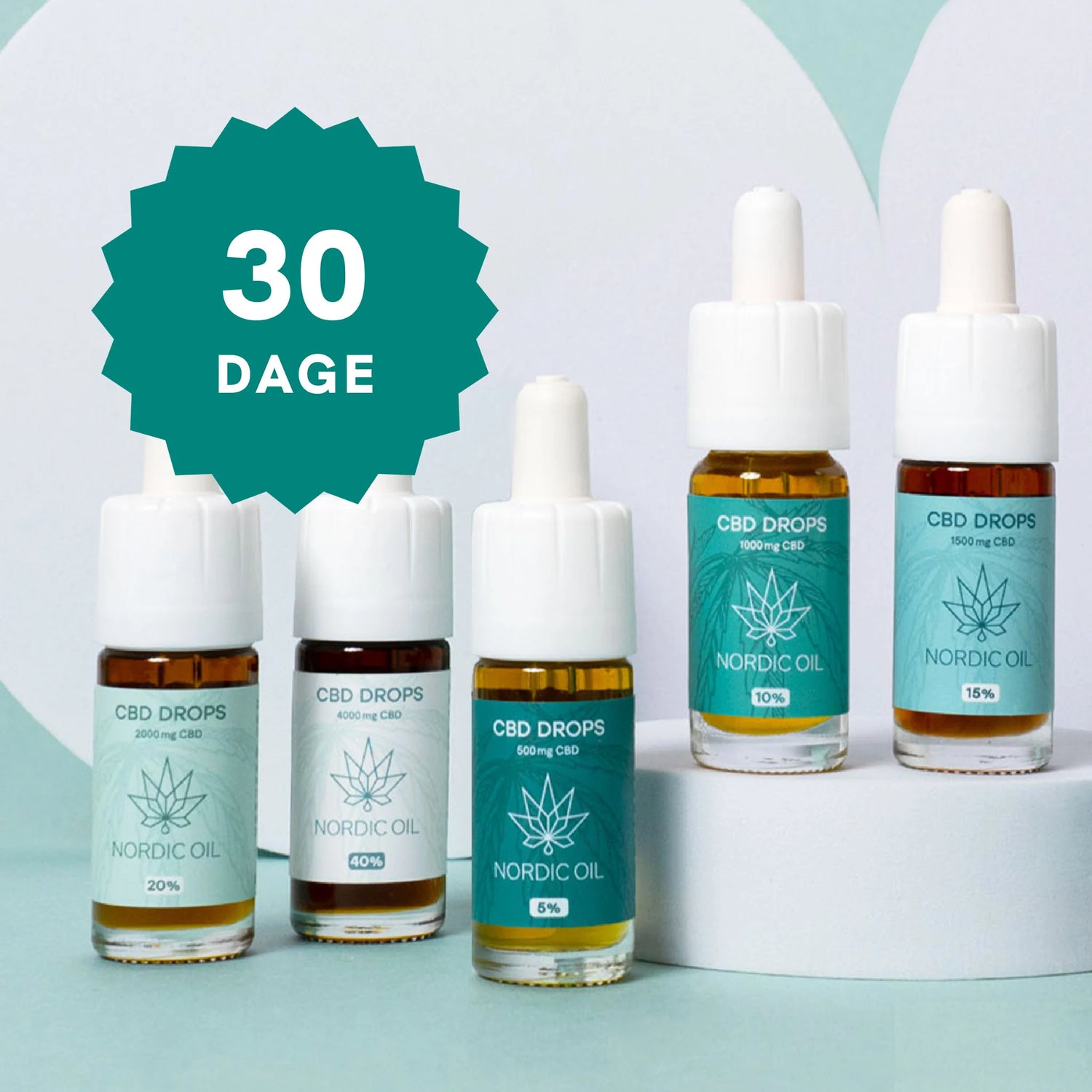CBD-drops fra Nordic Oil i forskellige flasker med et stort 30 dage-badge