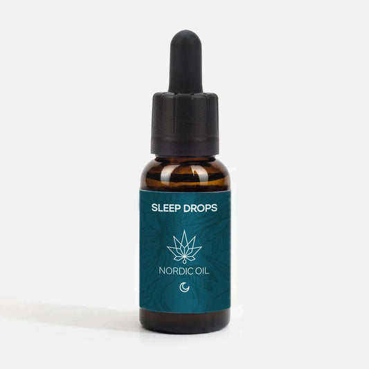 Brun glasflaske med dropper og blå etiket med SLEEP DROPS og Nordic Oil-logo