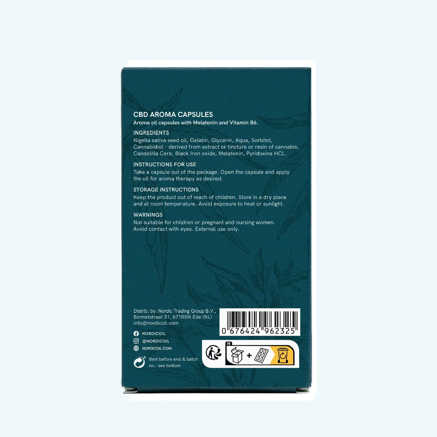 CBD Aroma Capsules - emballagebagside med ingredienser, brugsanvisning og stregkode