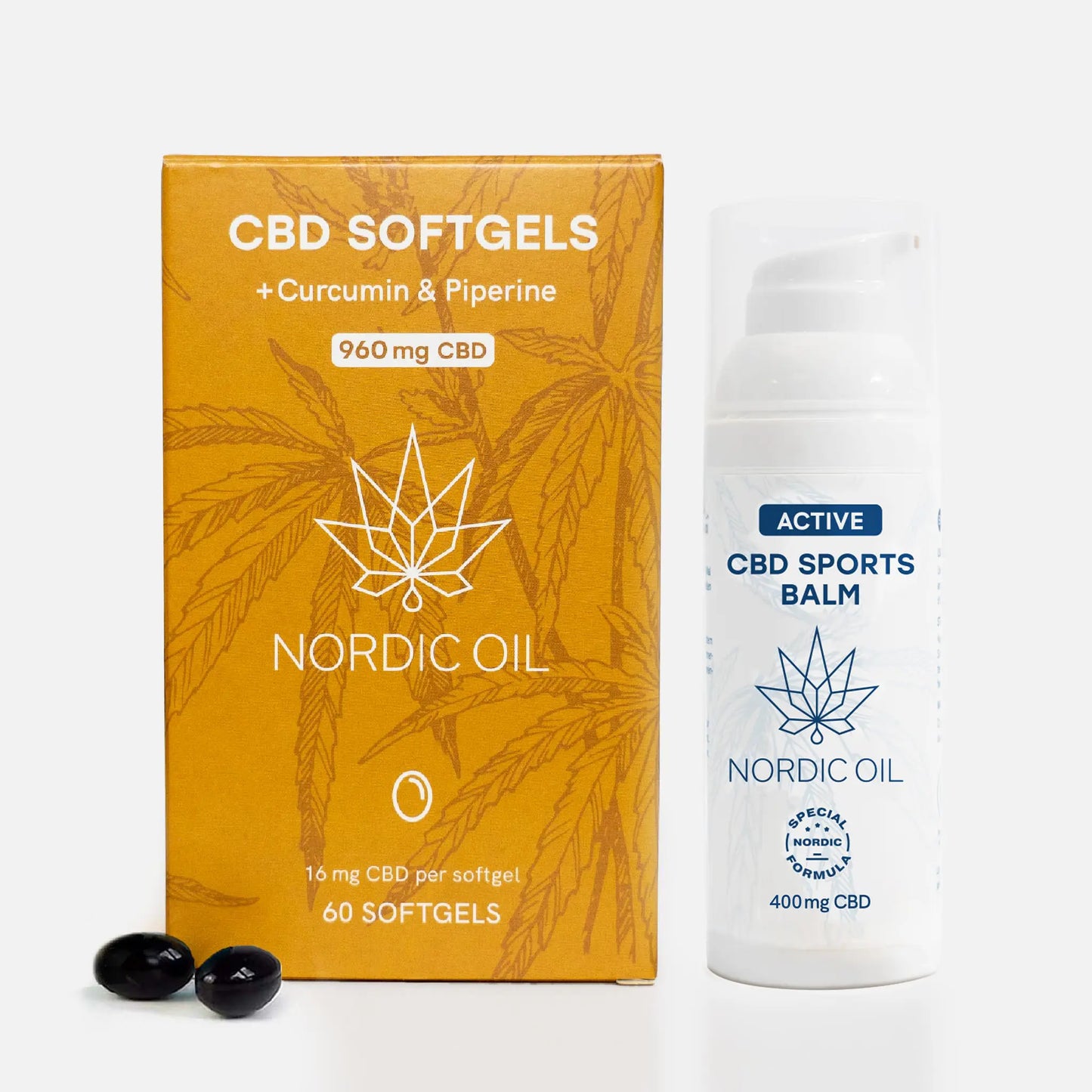 Nordic Oil CBD softgels i orange æske og hvid flaske CBD Sports Balm