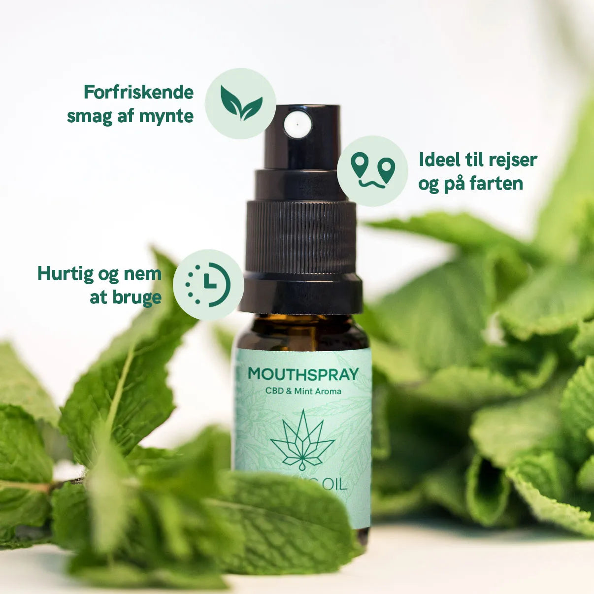 Mundspray med CBD og myntearoma omgivet af mynteblade