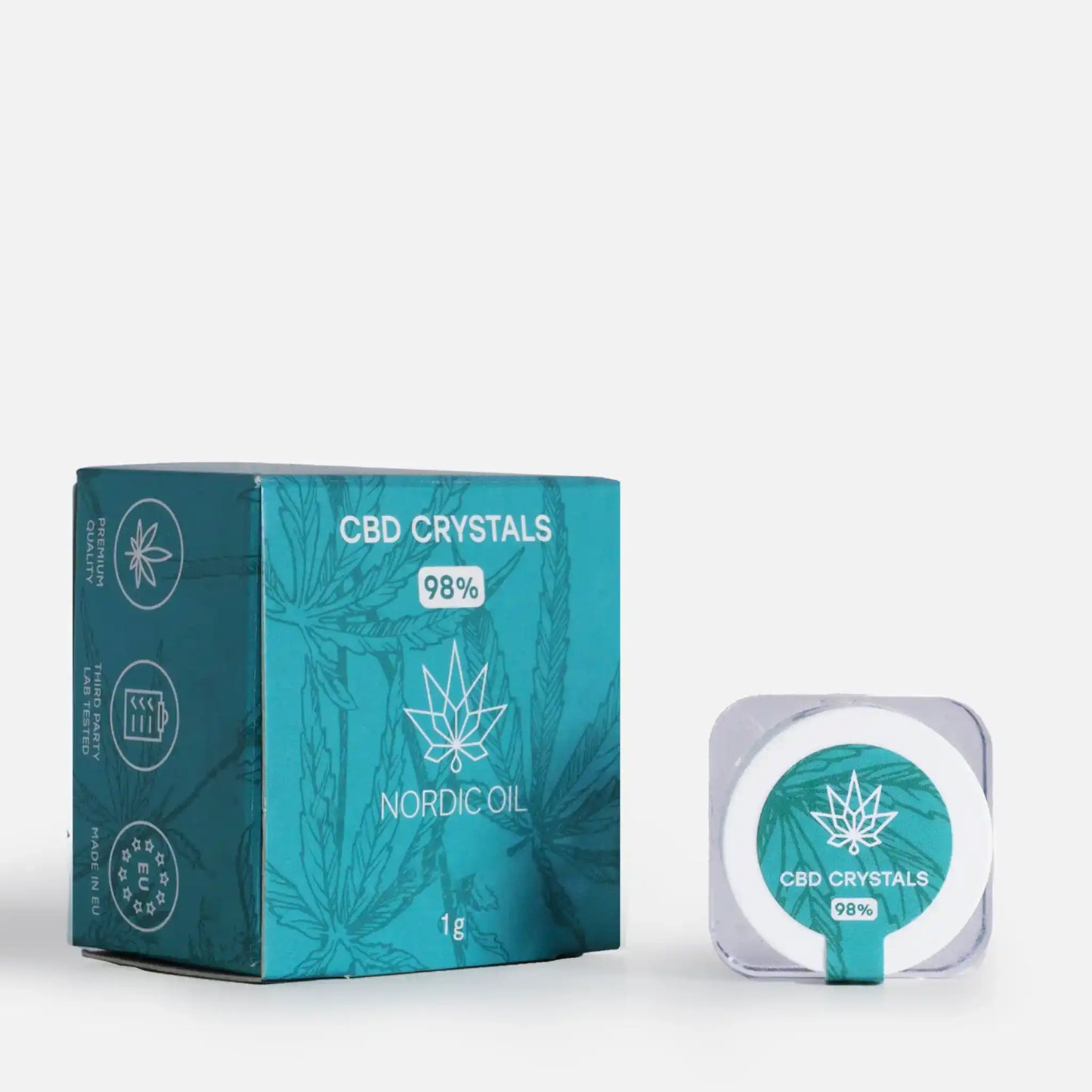 CBD-kristaller 98% i blå æske og rund beholder med Nordic Oil-logo