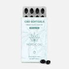 CBD-softgels fra Nordic Oil i mintgrøn emballage med mønster af cannabisblade, blisterpakning og to sorte kapsler ved siden af.