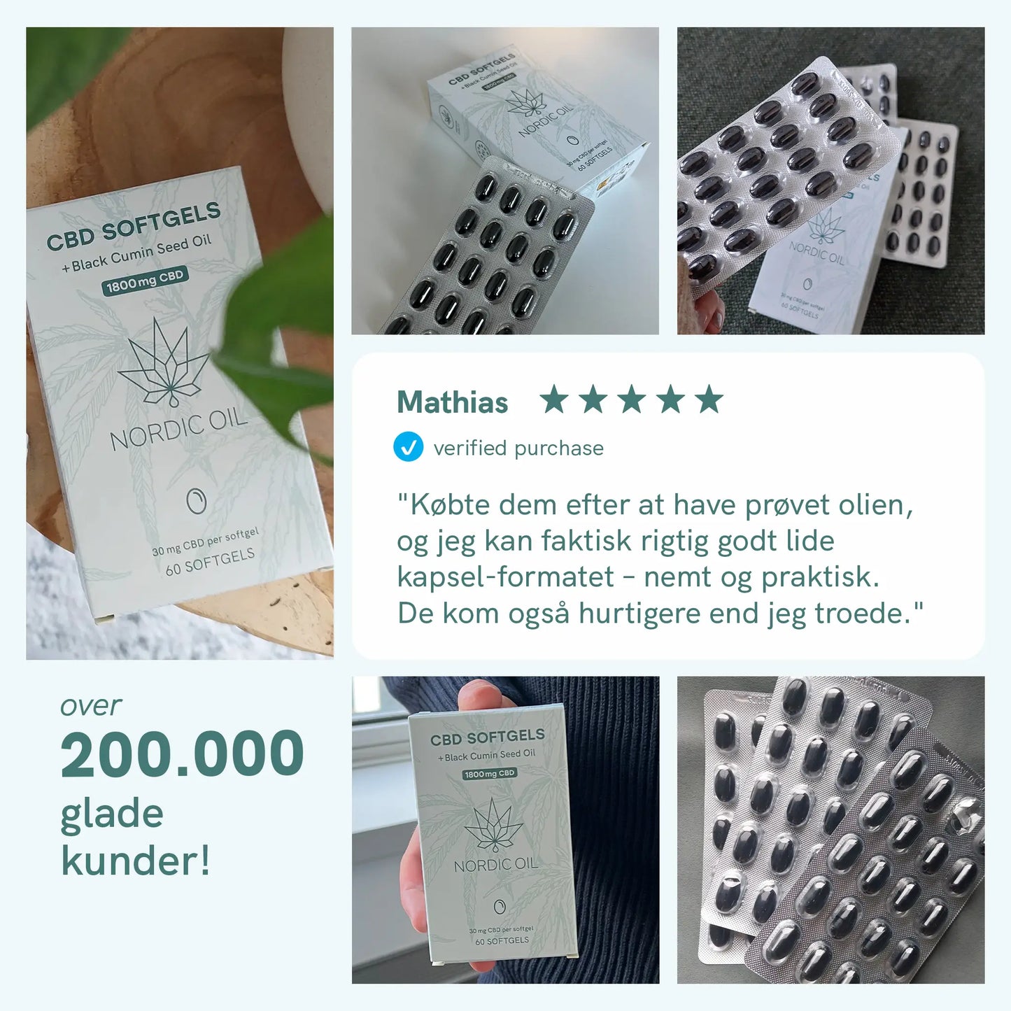 Kollage af Nordic Oil CBD-softgel emballage, blisterpakker og kundeudtalelse