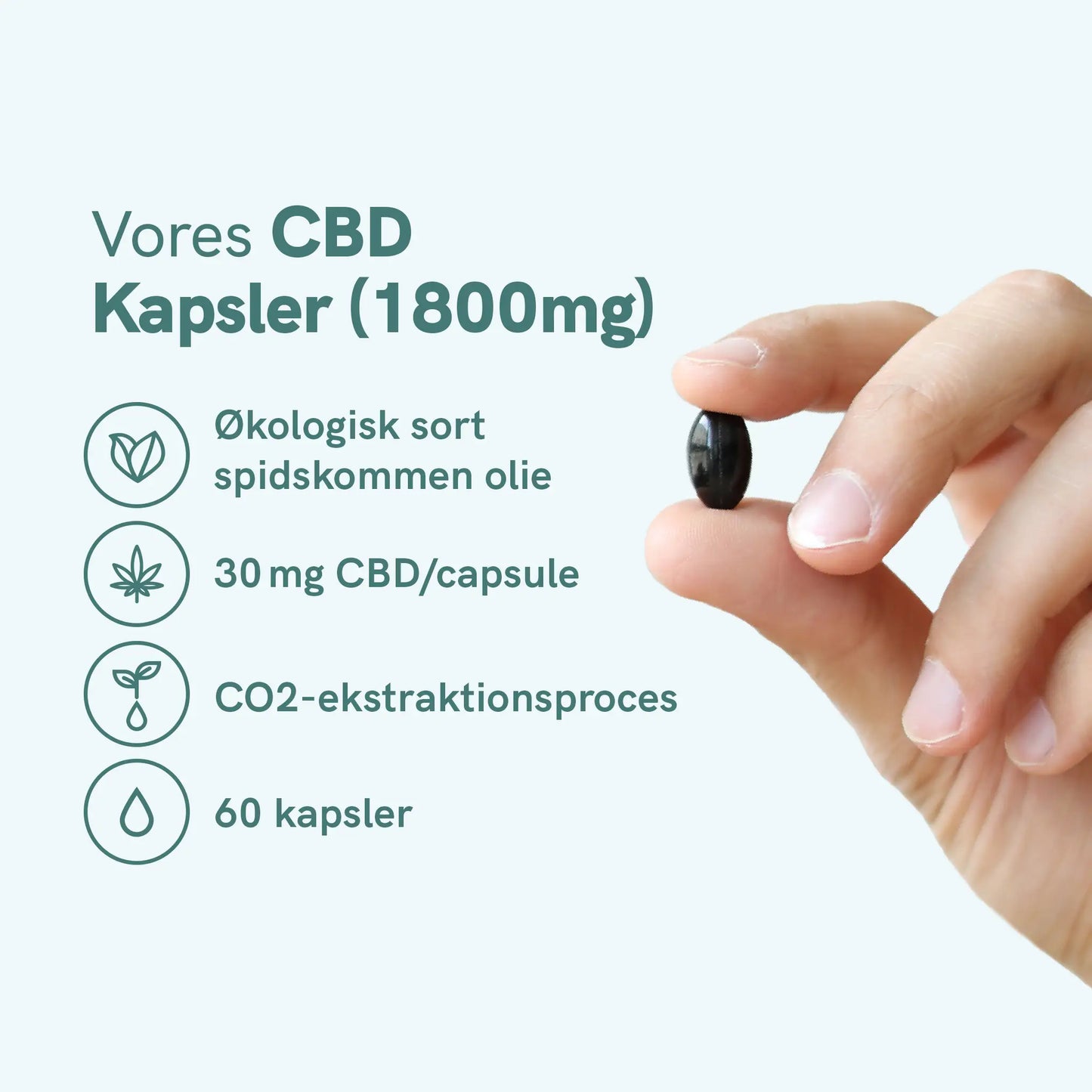 Vores CBD-kapsler (1800 mg) med økologisk sort spidskommen olie – 30 mg CBD pr. kapsel, CO2-ekstraktionsproces, 60 kapsler.