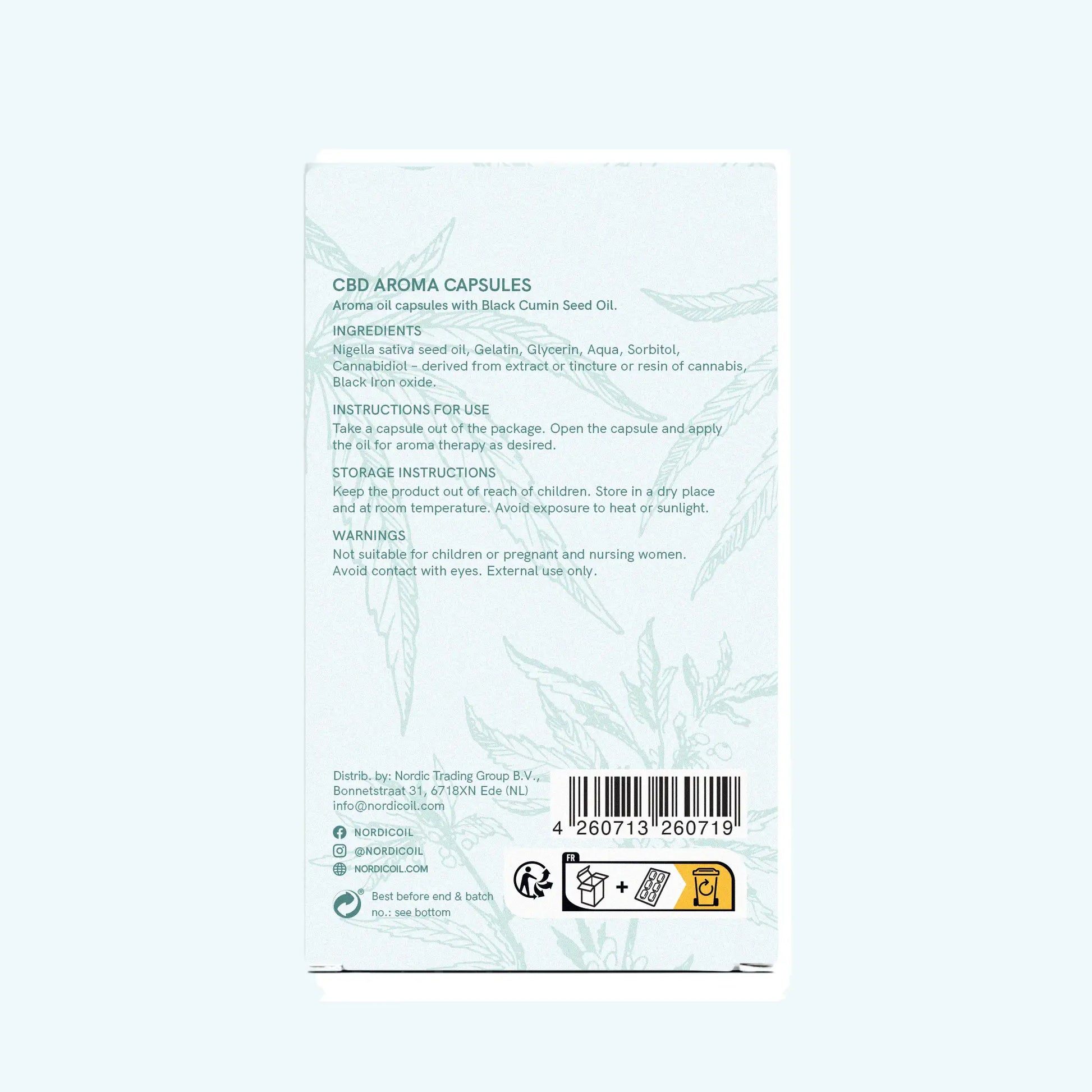 Bagsiden af CBD aroma kapsler-emballage med ingredienser og stregkode