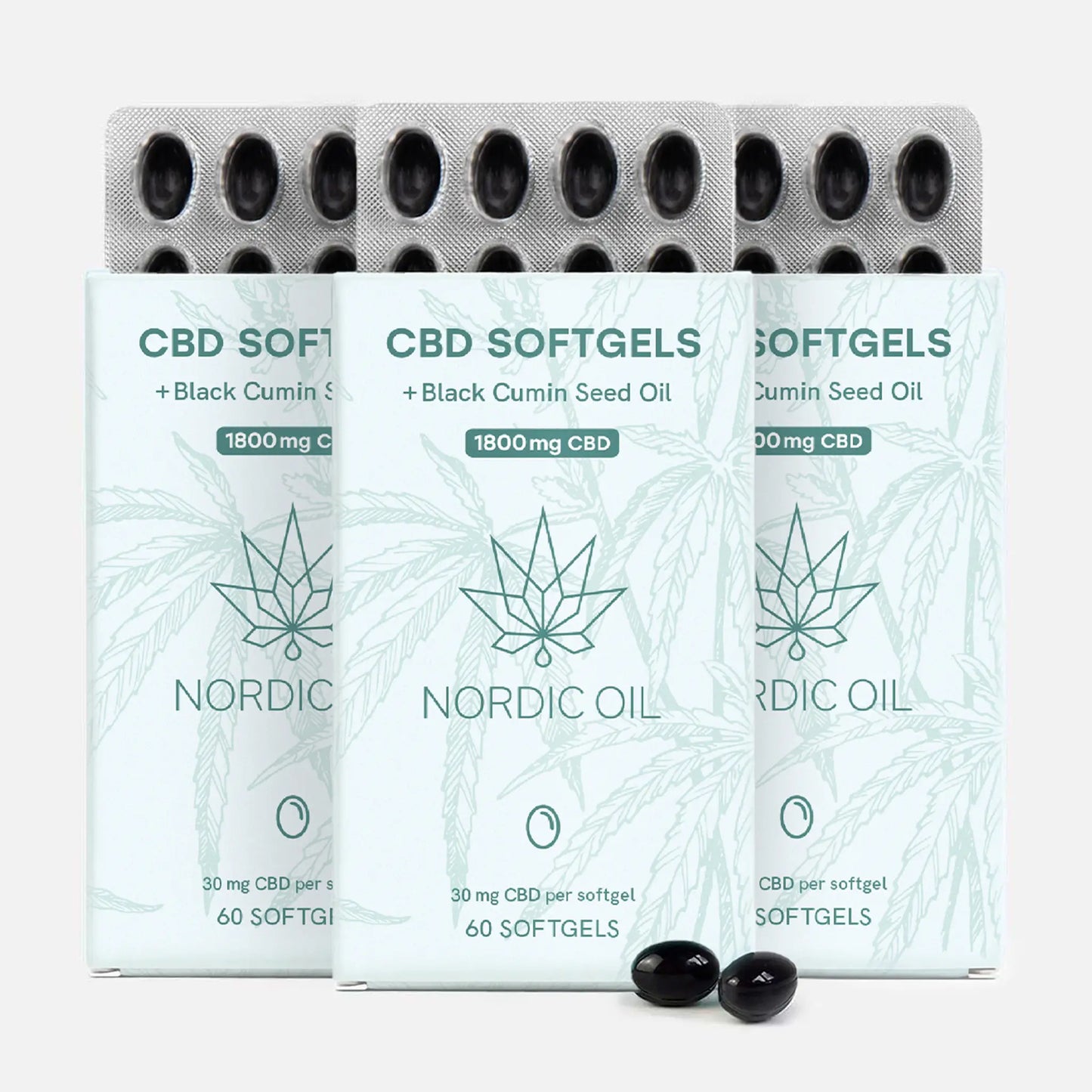 Tre CBD-softgel-pakker med cannabisblad-mønster og Nordic Oil-logo, blisterpakker med sorte kapsler