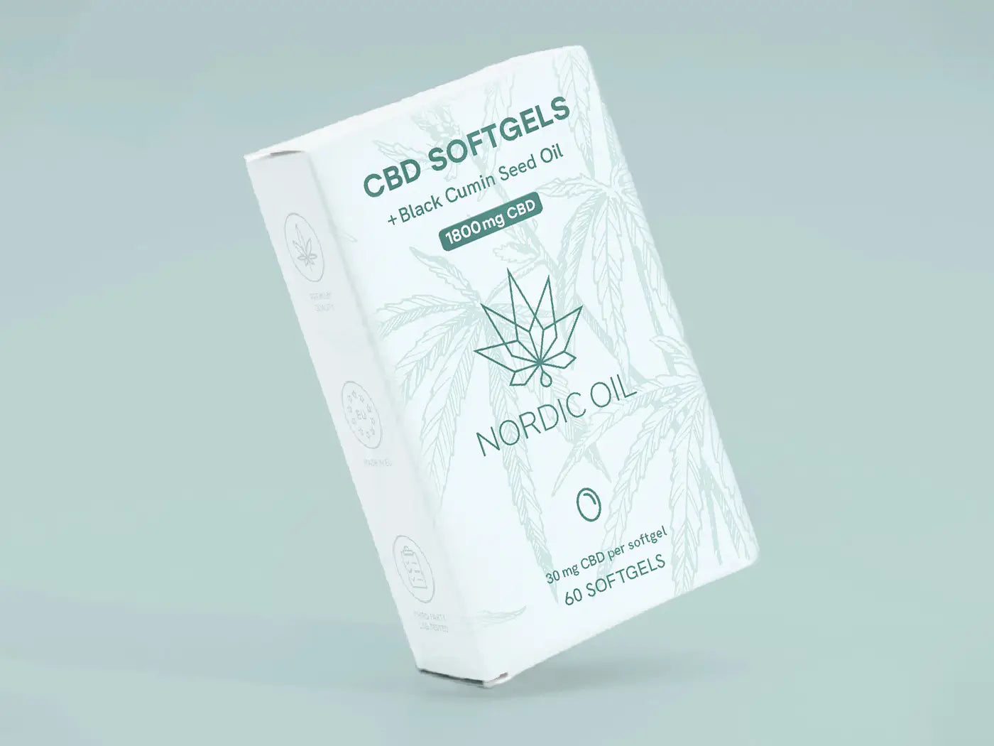 Nordic Oil CBD Softgels emballage med hampbladmotiv på pastel baggrund