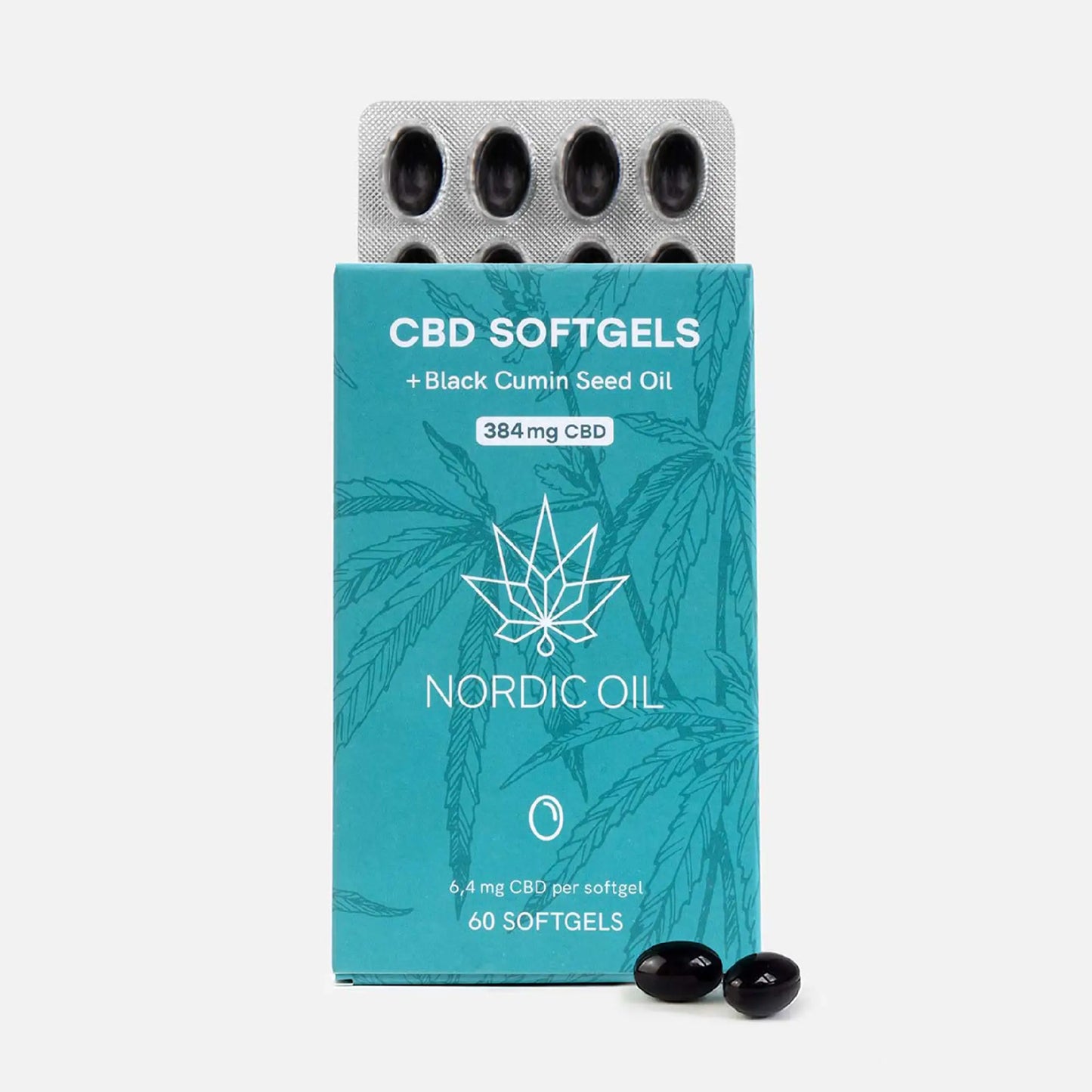 Nordic Oil CBD-softgels med sortkommen frøolie i blå emballage.