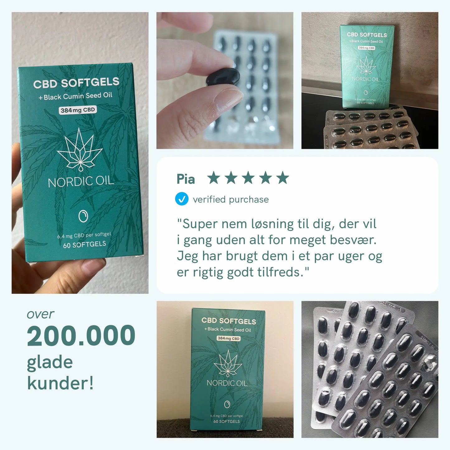 Kollage af Nordic Oil CBD-softgels emballage, blisterpakker og kundeudtalelse.