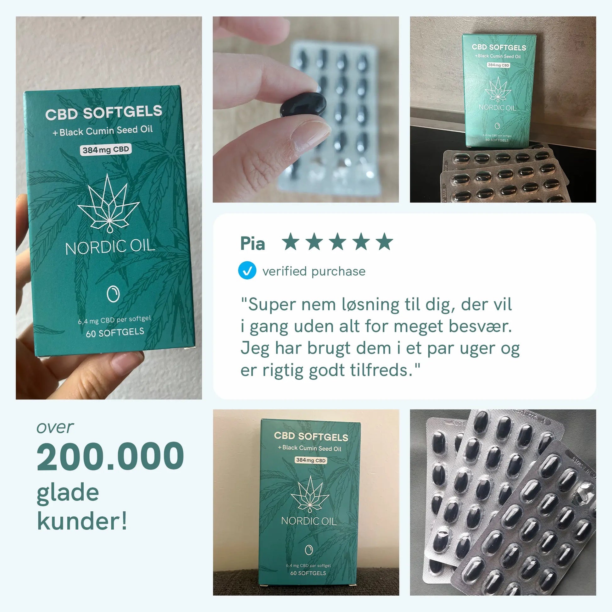 Kollage af Nordic Oil CBD-softgels emballage, blisterpakker og kundeudtalelse.