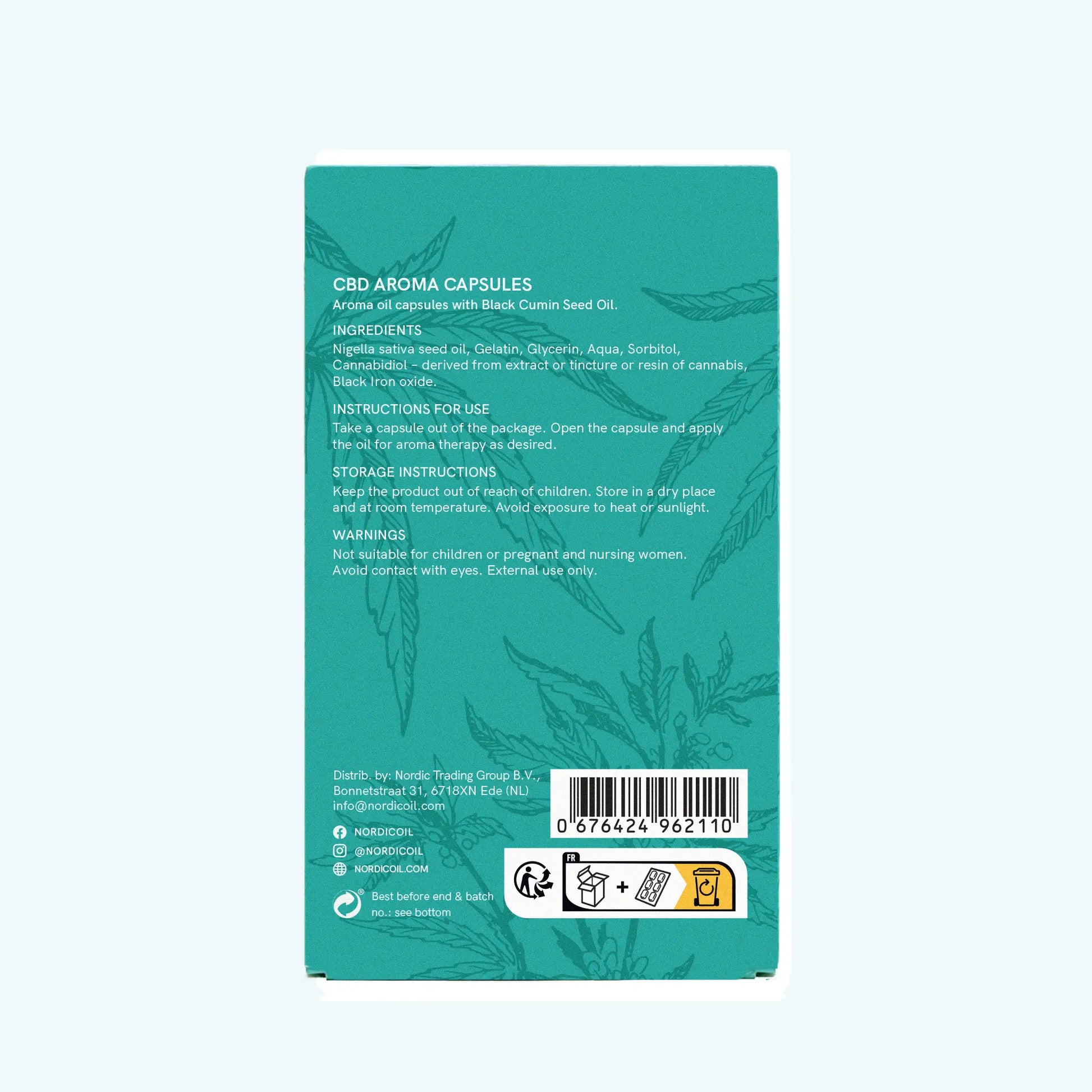 Bagsiden af tealfarvet Nordic Oil CBD Aroma Capsules-emballage med ingredienser, brugs- og opbevaringsanvisning samt stregkode
