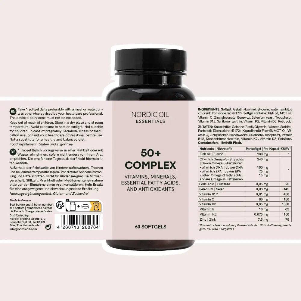 Nordic Oil Essentials 50+ Complex – vitaminer, mineraler og antioxidanter i en mørk flaske (60 softgels)