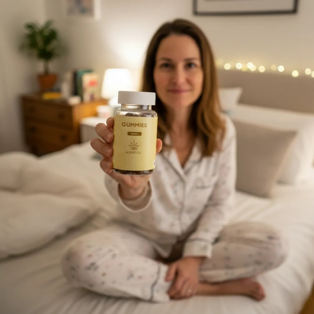 Kvinde i soveværelse holder en flaske gummies fra Nordic Oil mod kameraet.