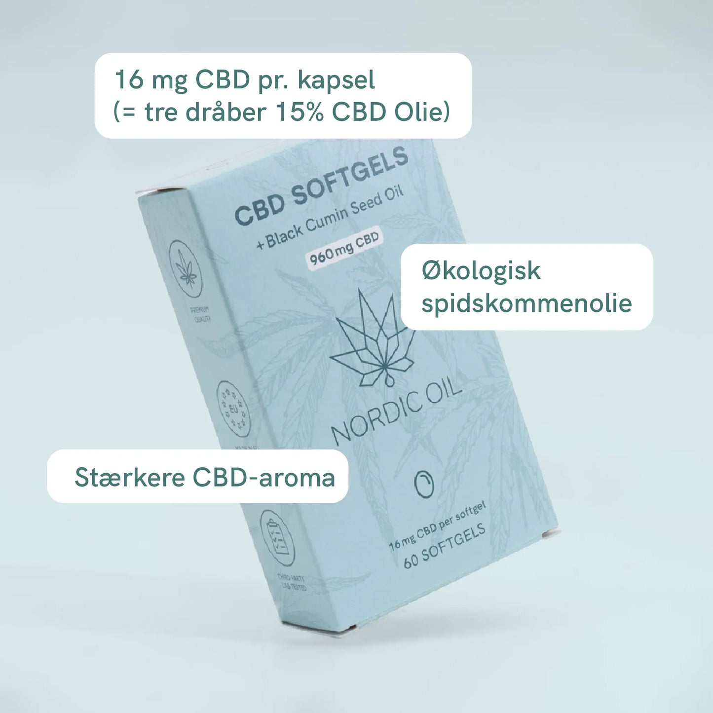 Nordic Oil CBD Softgels æske med økologisk spidskommenolie og 16 mg CBD pr. kapsel