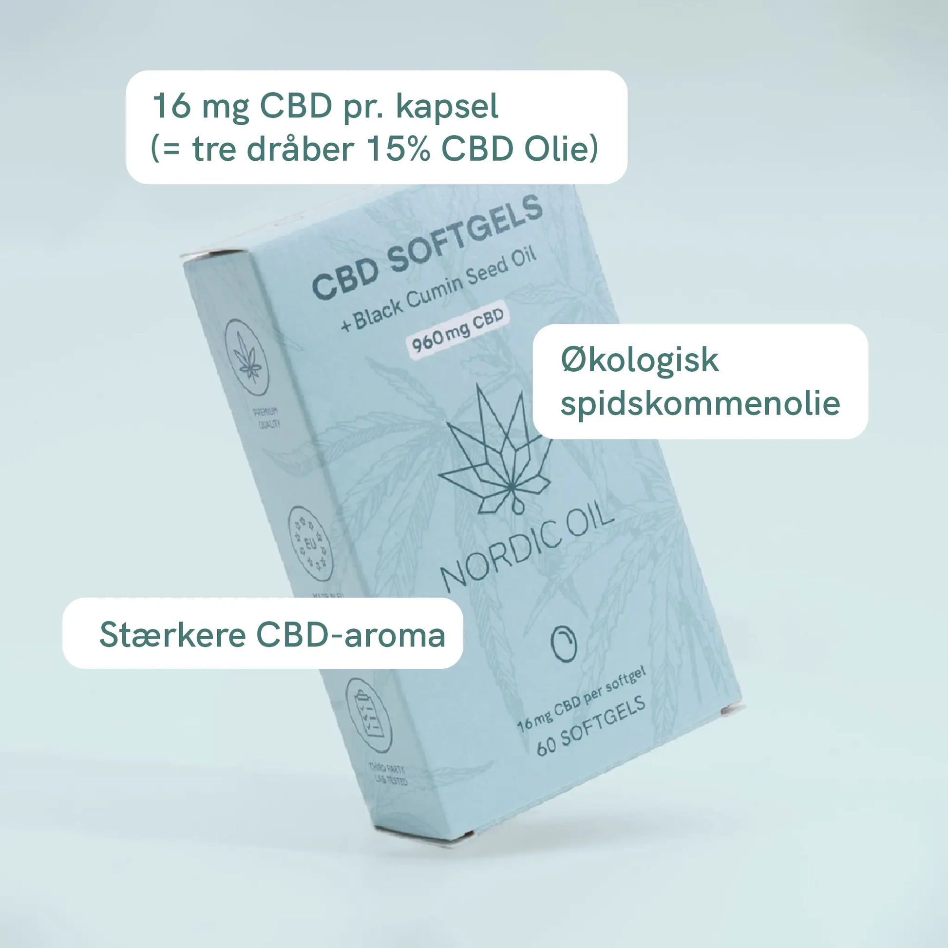 Nordic Oil CBD Softgels æske med økologisk spidskommenolie og 16 mg CBD pr. kapsel