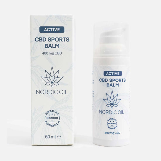 Nordic Oil Active CBD Sports Balm – 400 mg CBD, hvid æske og pumpeflaske