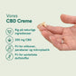 Vores CBD Creme – naturlige ingredienser, 250 mg CBD og fri for silikoner, parabener, mikroplastik og syntetiske duftstoffer; hånd med creme i billedet.