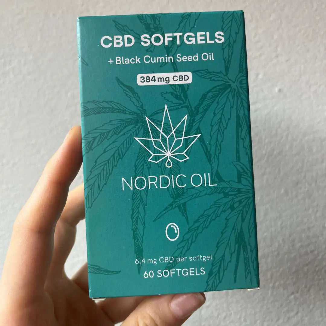 Nordic Oil CBD-softgels æske med sort kommen frøolie – 384 mg CBD, 60 softgels