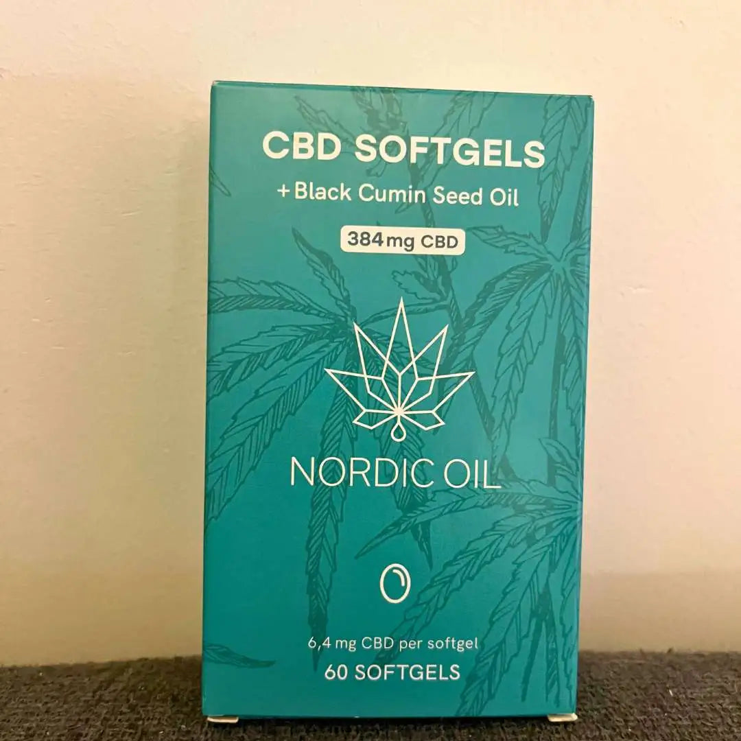 Teal Nordic Oil CBD softgels æske med sortkommenfrøolie og logo