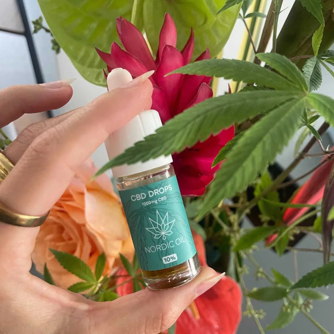 CBD-dråber flaske fra Nordic Oil holdt mellem fingrene med farverige blomster i baggrunden