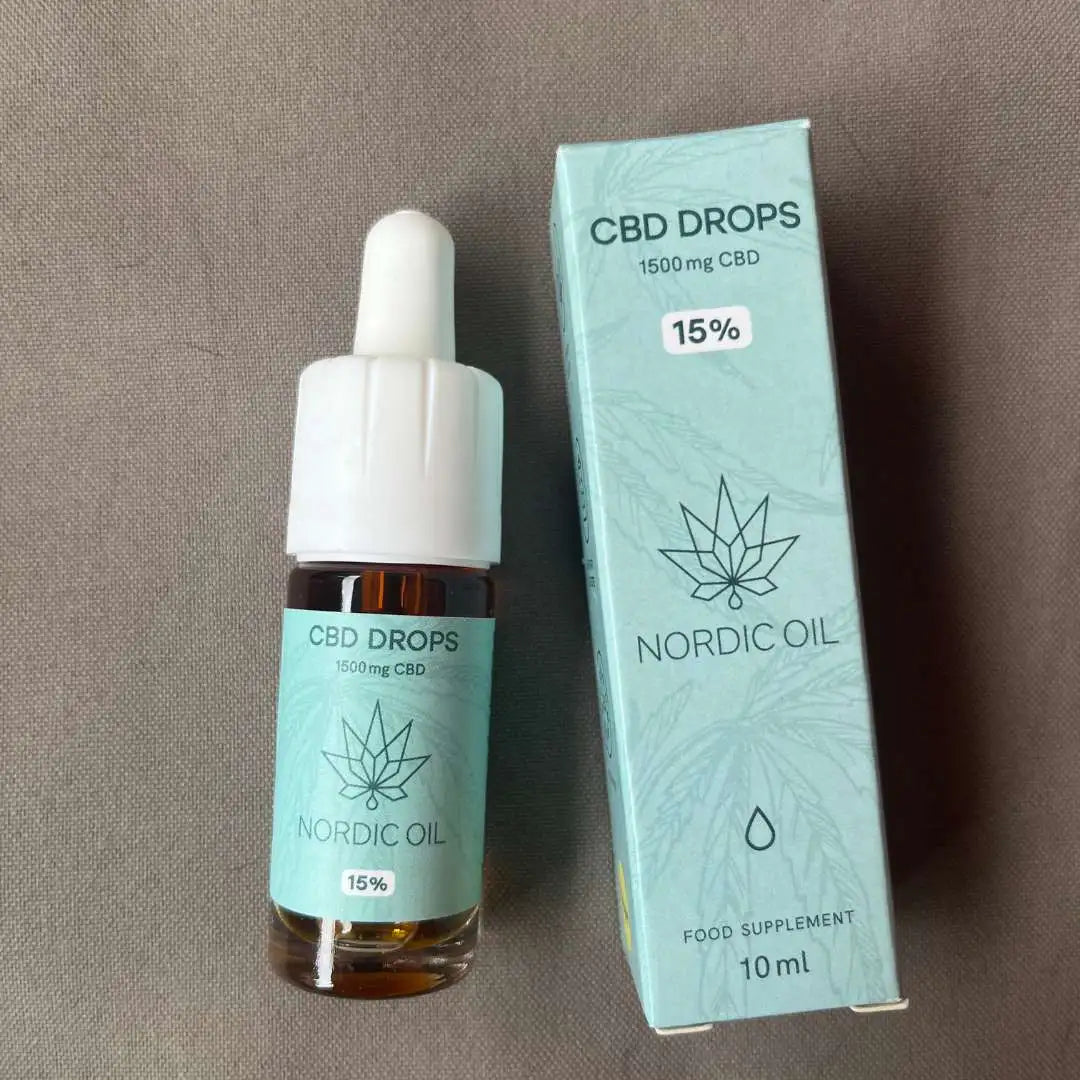 CBD-dråber fra Nordic Oil med 1500 mg CBD og 15% koncentration, flaske og æske