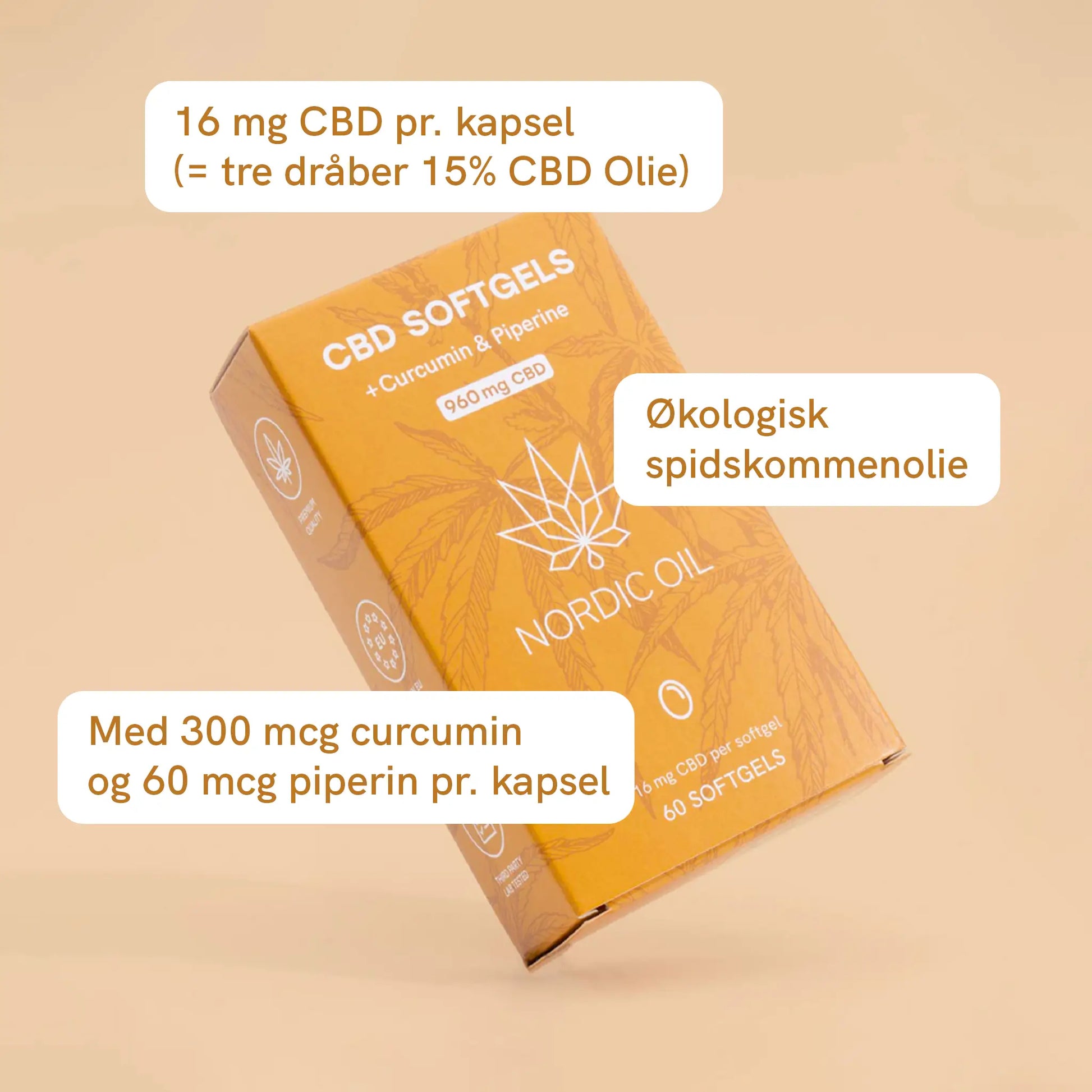 Orange Nordic Oil CBD-softgel æske med kurkumin og piperin, med tekstbobler der beskriver 16 mg CBD pr. kapsel, økologisk spidskommenolie og 300 mcg curcumin pr. kapsel.