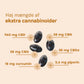 Infografik om høj mængde ekstra cannabinoids med kapsler og angivne mængder: 960 mg CBD, 38 mg CBN, 38 mg CBDa, 38 mg CBG, 18 mg curcumin og 3,6 mg piperin.