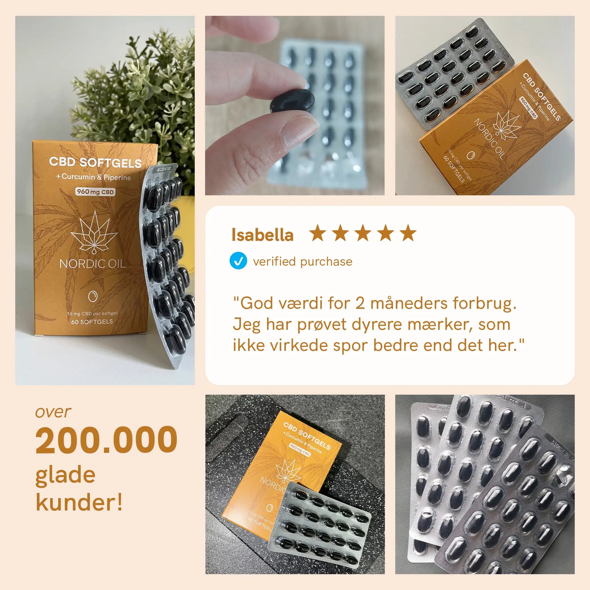 Kollage af Nordic Oil CBD SoftGels emballage, blisterpakninger og et citatkort med kundeudtalelse.