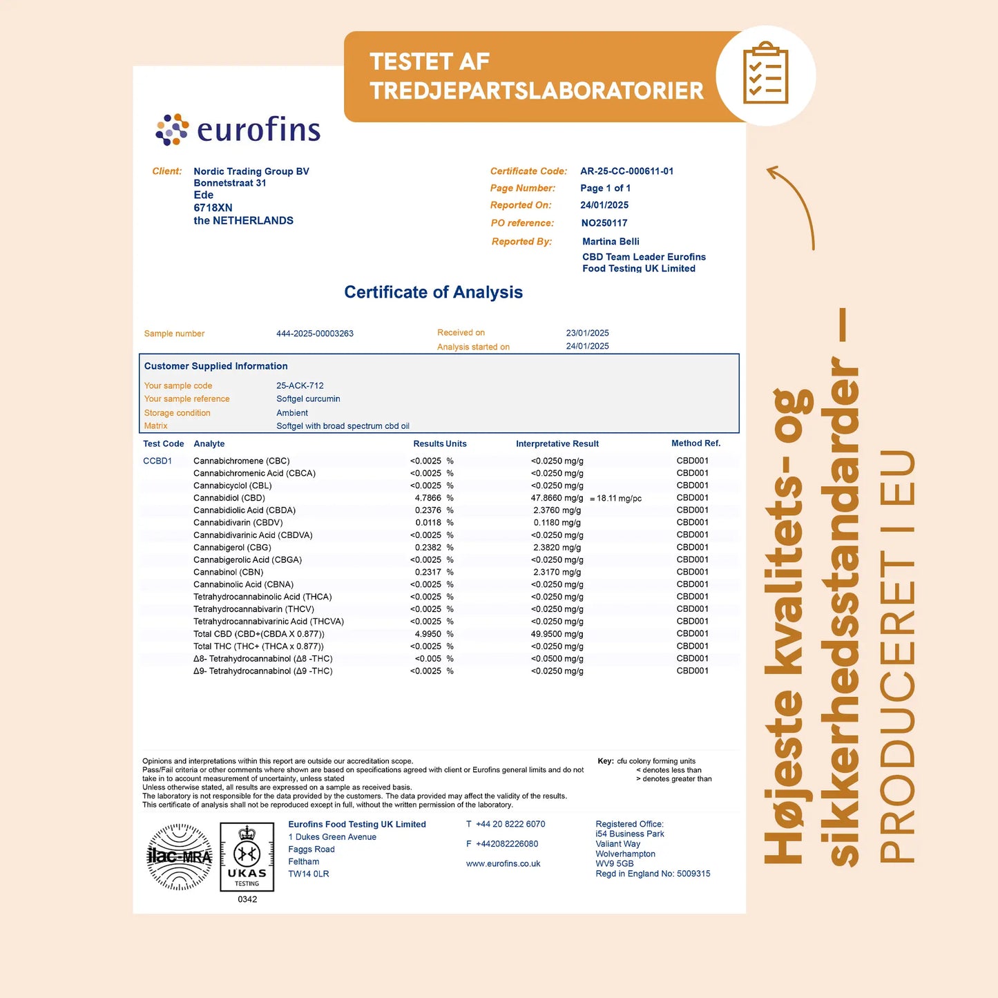 Certifikat for analyse udstedt af Eurofins for CBD-olie med prøvedetaljer og cannabinoider.