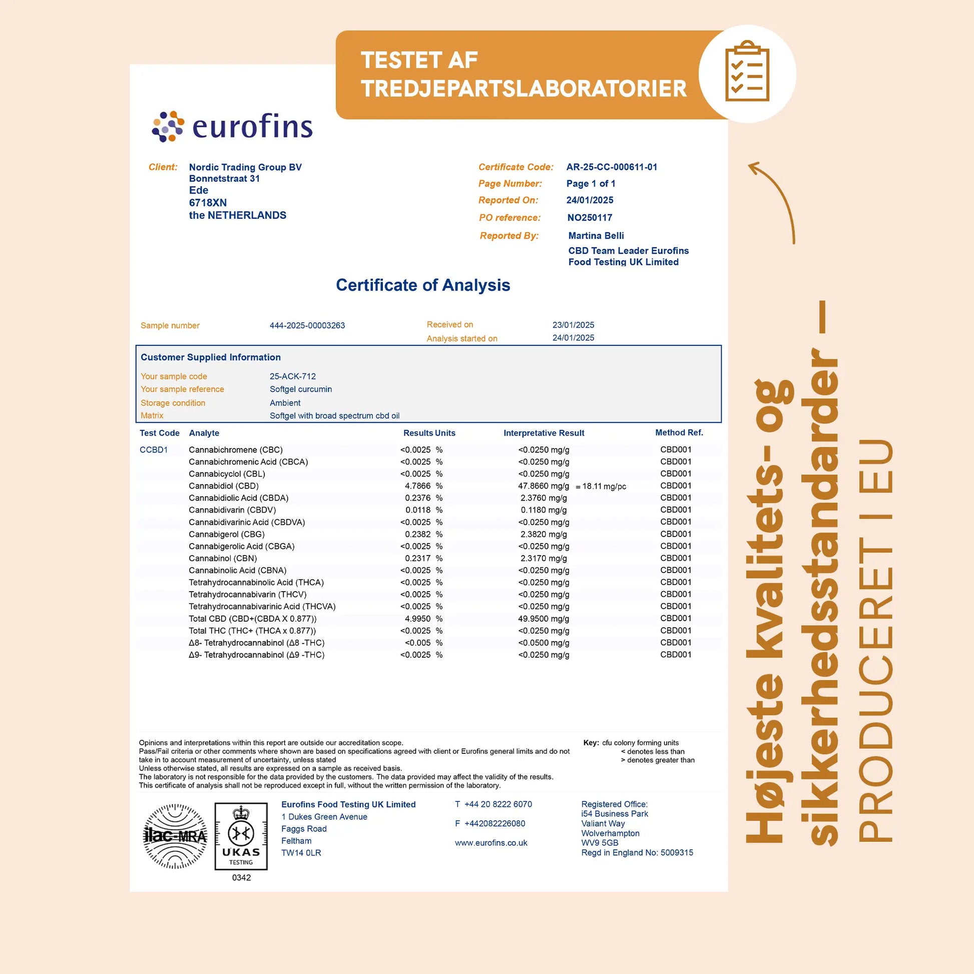 Certifikat for analyse udstedt af Eurofins for CBD-olie med prøvedetaljer og cannabinoider.