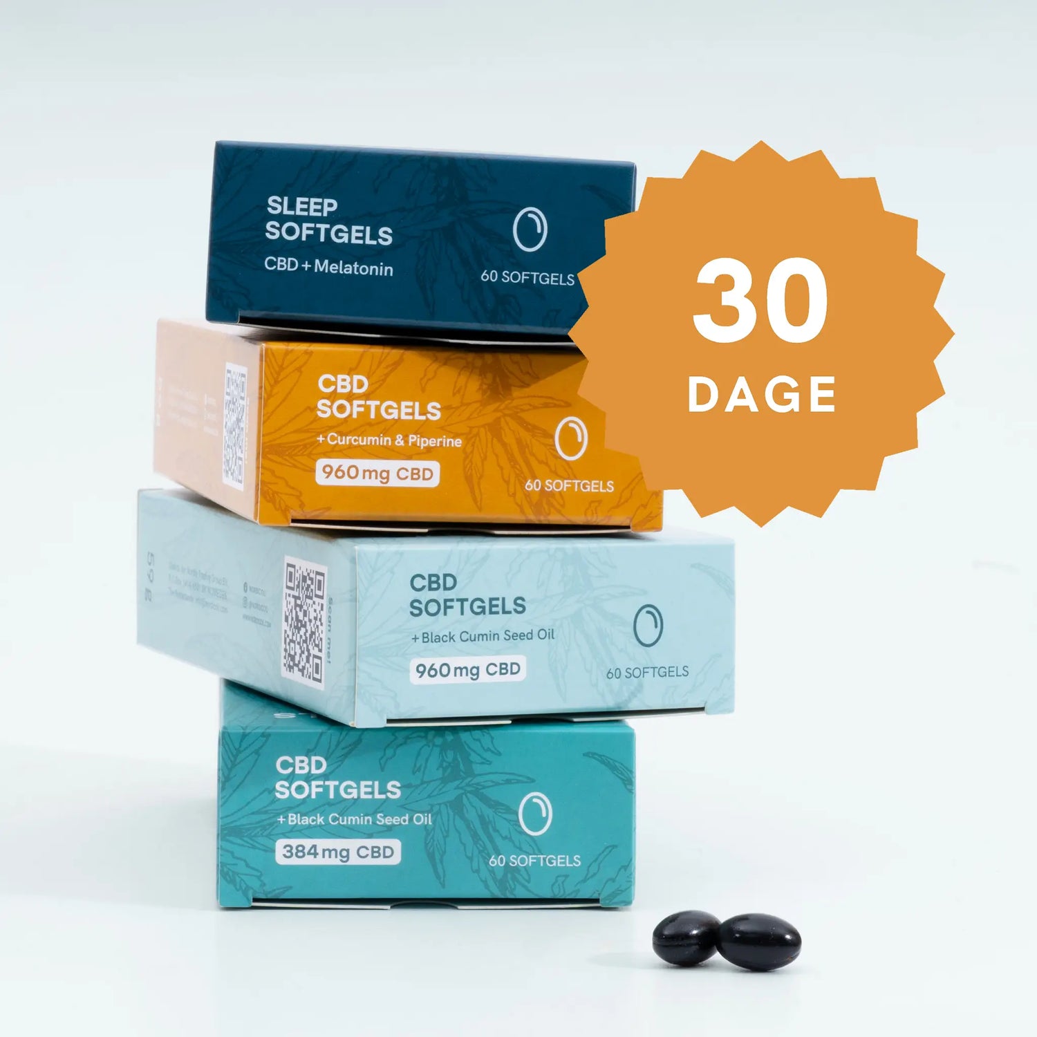 Stablet række af CBD-softgelbokse i blå, orange og lyseblå nuancer med et stort orange '30 DAGE'-badge og to sorte softgel-kapsler forrest.