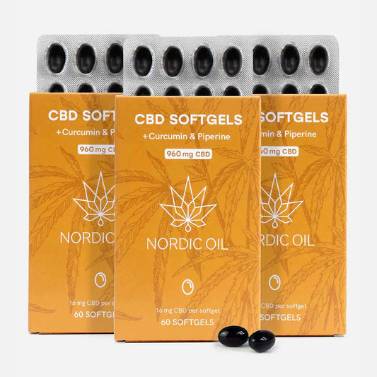 CBD-softgels med curcumin og piperin fra Nordic Oil i orange emballage med hampblad-illustration