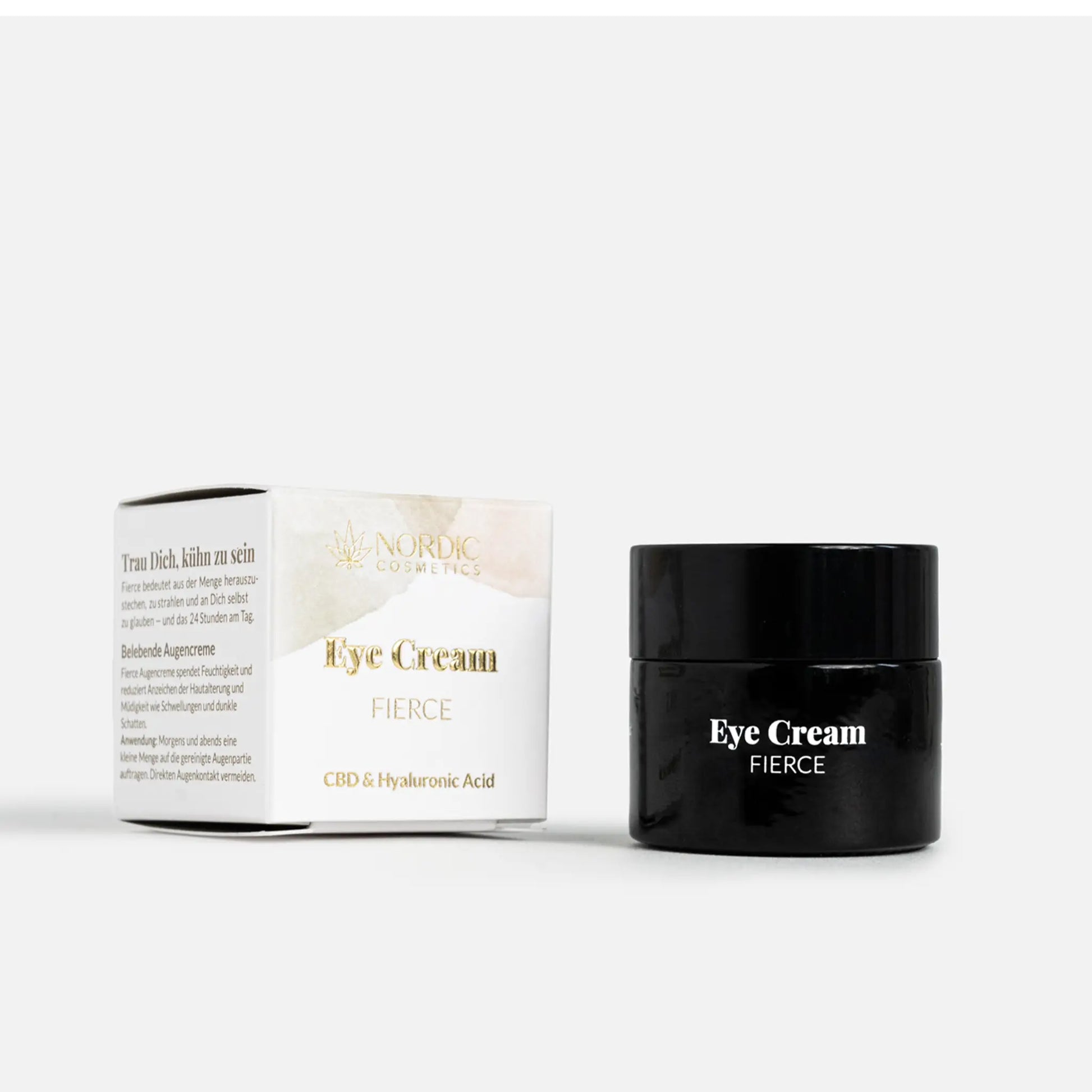 Øjencreme Fierce fra Nordic Cosmetics i hvid æske og sort krukke