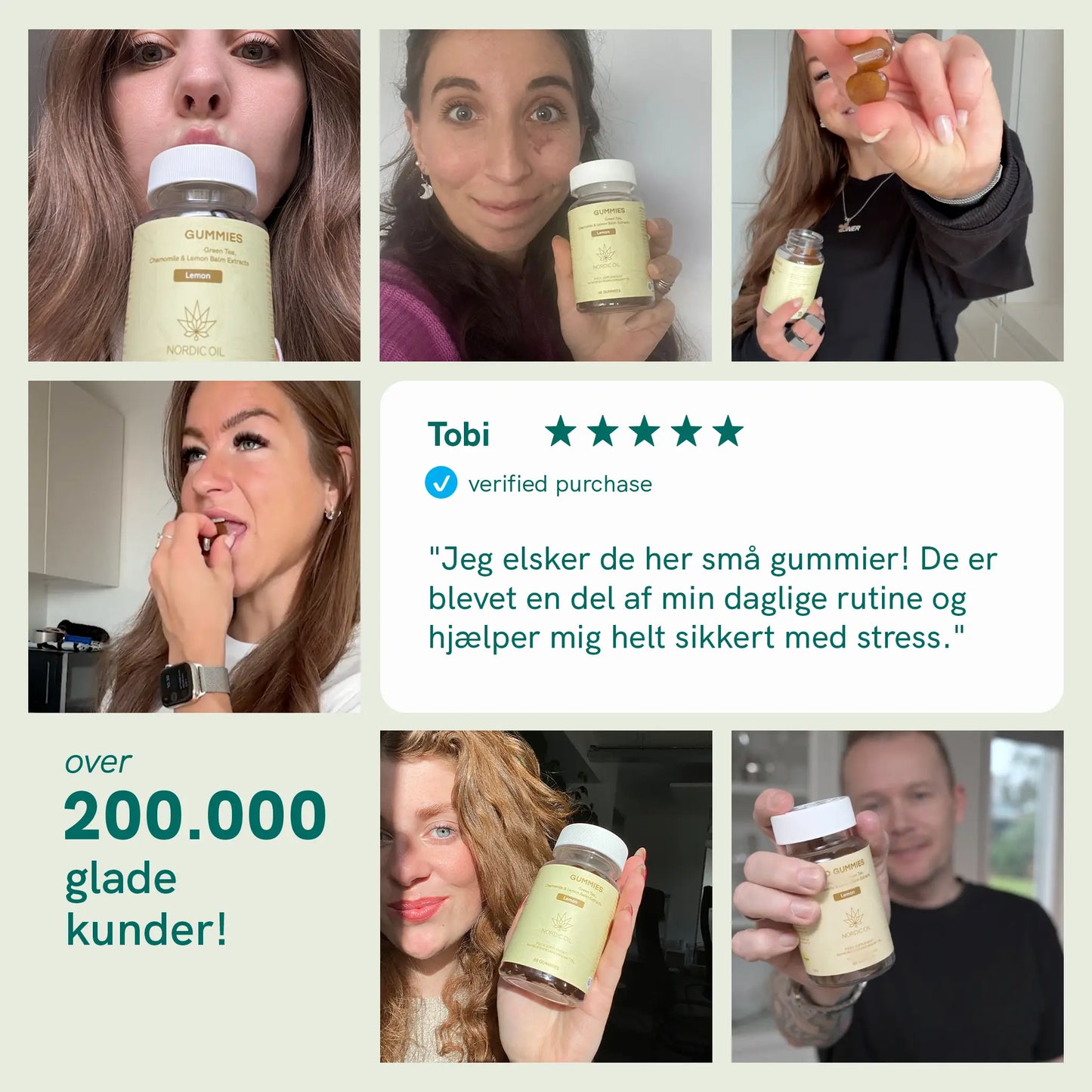 Kollage af personer, der viser Nordic Oil gummier og en kundeudtalelse.