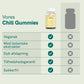 Infografik af Nordic Oil Chill Gummies med flaske og egenskaberne: vegansk, med botaniske ekstrakter, dyb afslapning, tilfredshedsgaranti og sukkerfri.