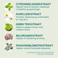 Infografik om fem planteekstrakter: citronmelisseekstrakt, kamilleekstrakt, grøn teekstrakt, baldrianekstrakt og passionsblomstekstrakt.