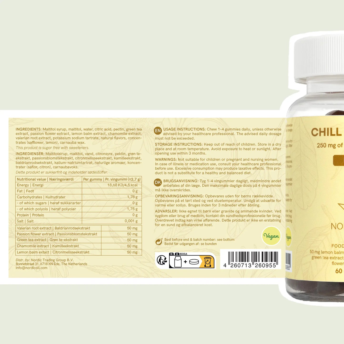 Nordic Oil Chill CBD-tilskud flaske med gul etiket og næringsdeklaration.
