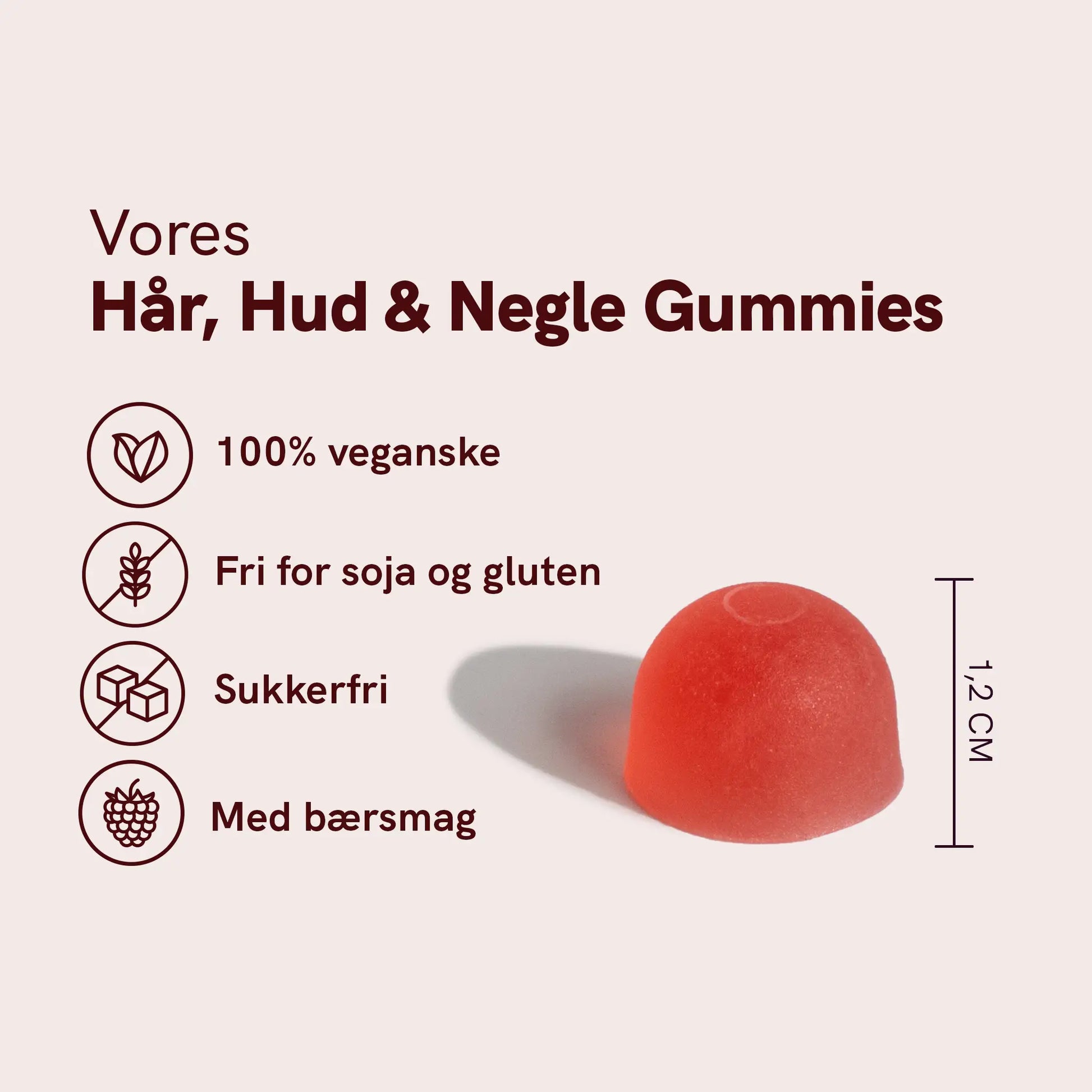 Vores Hår, Hud & Negle Gummies infografik på lyserød baggrund med ikonliste og en rød gummi til højre