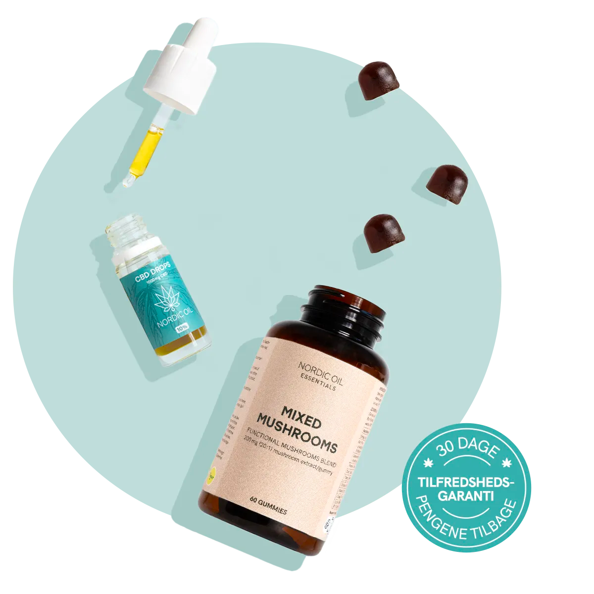 Nordic Oil CBD-dråber og Mixed Mushrooms kosttilskud i brunt glas med tre brune gummier på blå baggrund