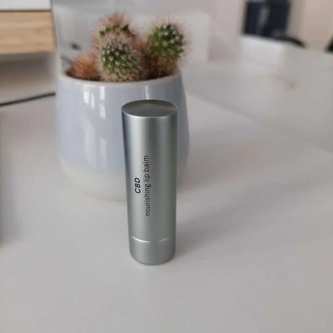 CBD nærende læbepomade i sølvfarvet tube på hvidt bord med en kaktus i baggrunden