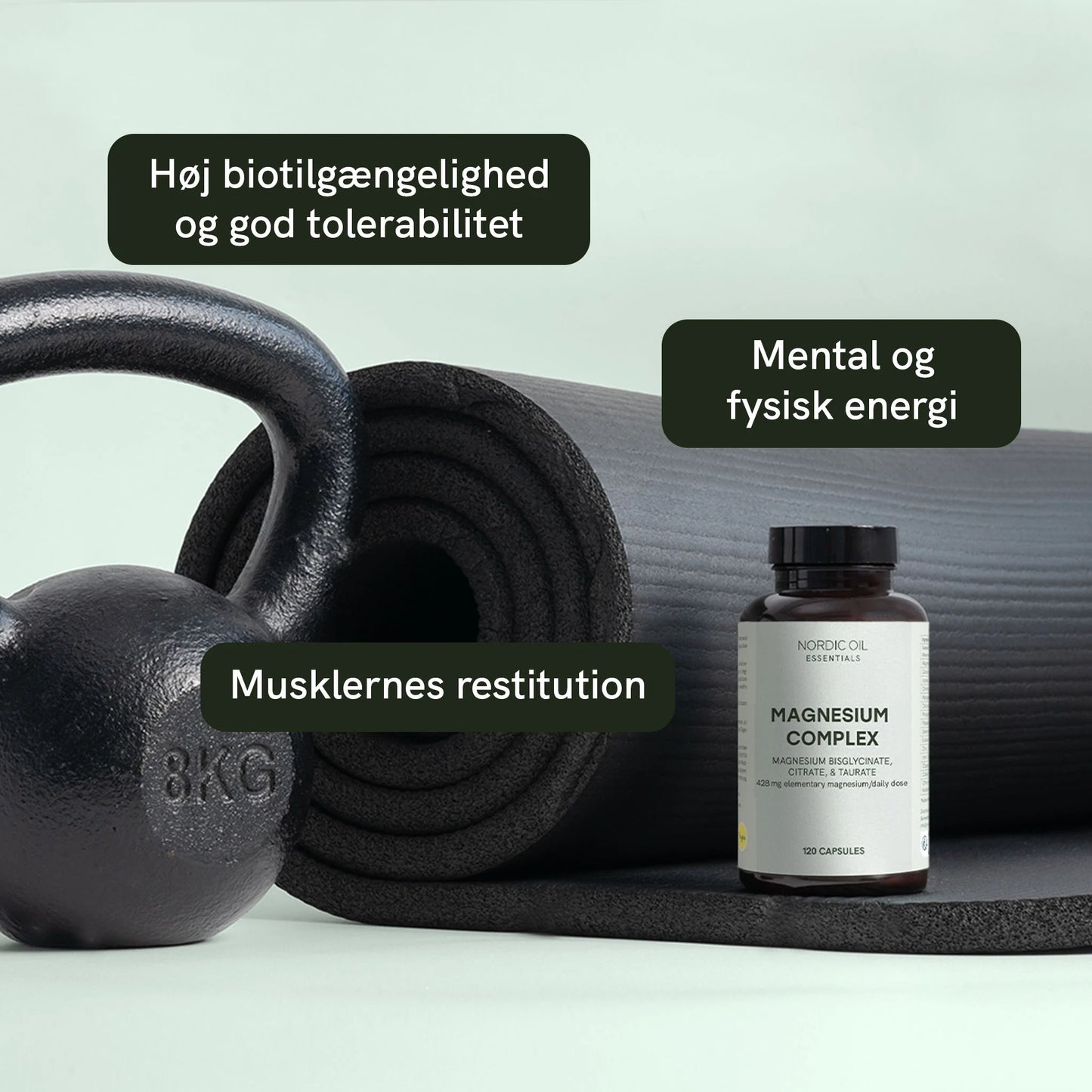 Kettlebell, træningsmåtte og en flaske Magnesium Complex fra Nordic Oil.