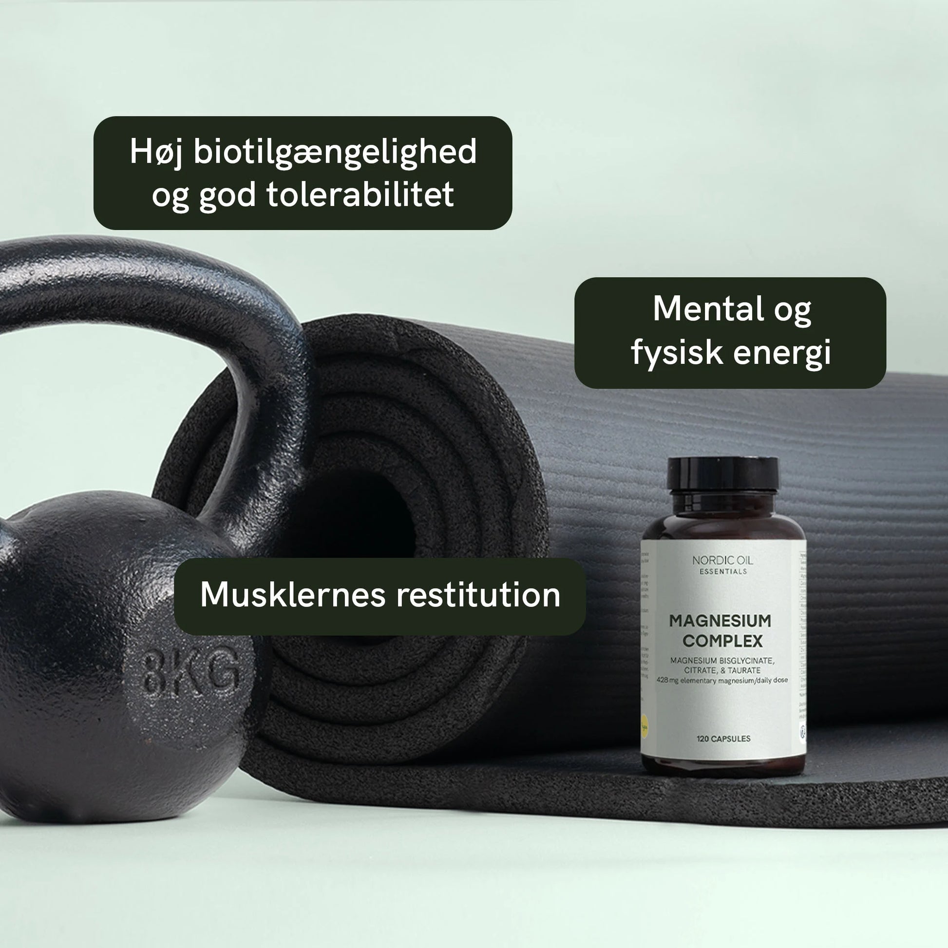 Kettlebell, træningsmåtte og en flaske Magnesium Complex fra Nordic Oil.