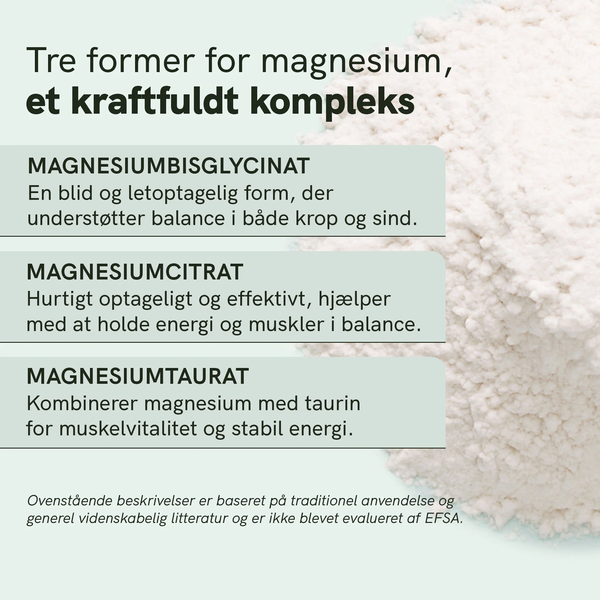 Infografik: Tre former for magnesium (magnesiumbisglycinat, magnesiumcitrat og magnesiumtaurat) med beskrivelser og magnesiumpulver i højre side.